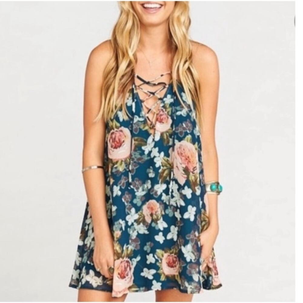 Show Me Your MuMu‎ Rancho Mirage Lace Up Mini Dress Green Floral Size Small